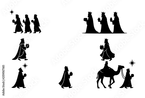 Cuadro en lienzo Three Wise Men Silhouettes, Nativity Scene Figures, Christmas Magi Vector Icons,