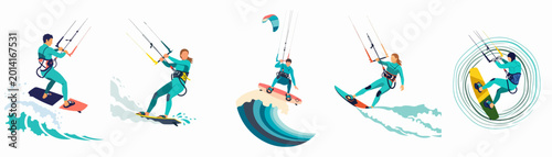 Flat vector illustrations of male and female kitesurfers riding waves and performing tricks, isolated on a white background collection.