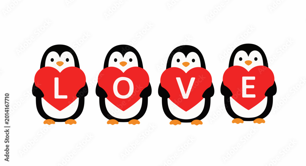 Obraz premium Four penguins holding red hearts spelling 