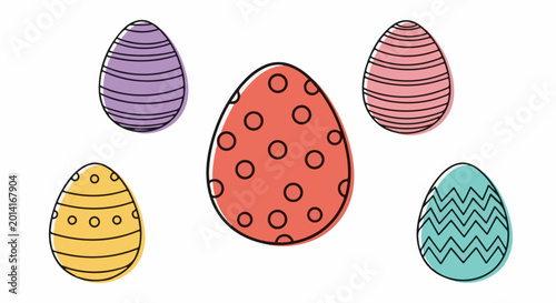 Five stylized, hand-drawn Easter eggs in various pastel colors and patterns