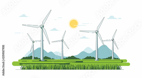 Five wind turbines in a green field under a yellow sun and blue mountains