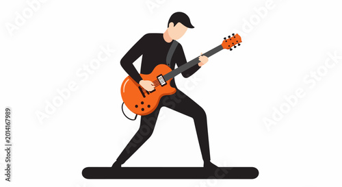Flat cartoon figure playing an orange electric guitar