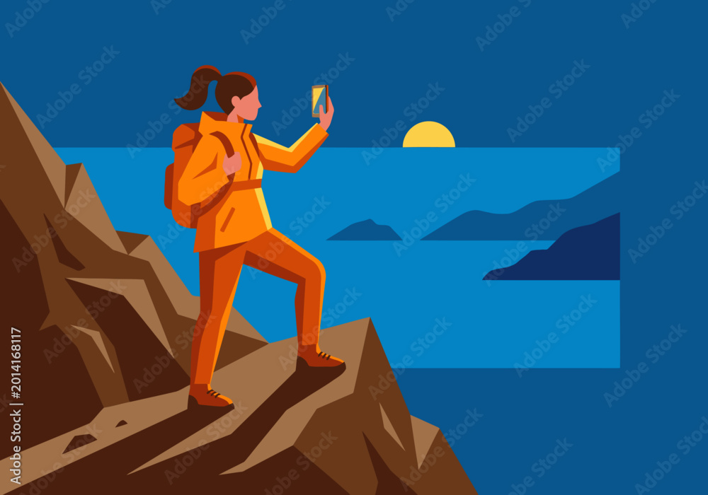 Fototapeta premium A hiker captures a stunning sea horizon with a smartphone. Vibrant colors and a dramatic landscape create a captivating image for travel and outdoor themes.