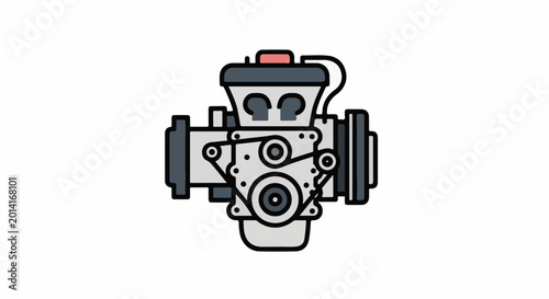 Flat design cartoon of a mechanical engine with pulleys and belts