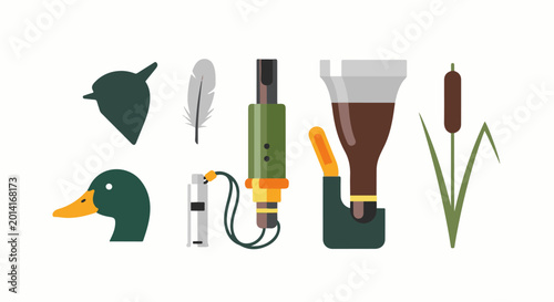 Flat design elements duck head, feather, calls, pipe, reeds, and bird silhouette