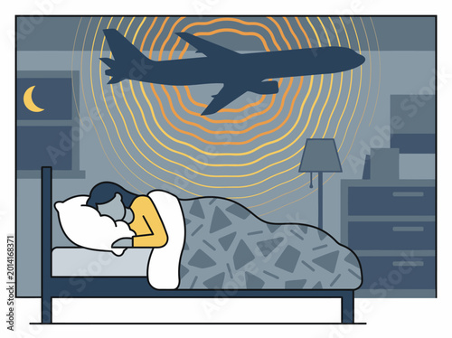 Valokuva sleeps soundly disturbed by nighttime airplane noise The illustration depicts a