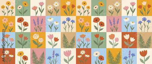 Colorful floral illustration in grid patchwork pattern with hand-drawn flat style