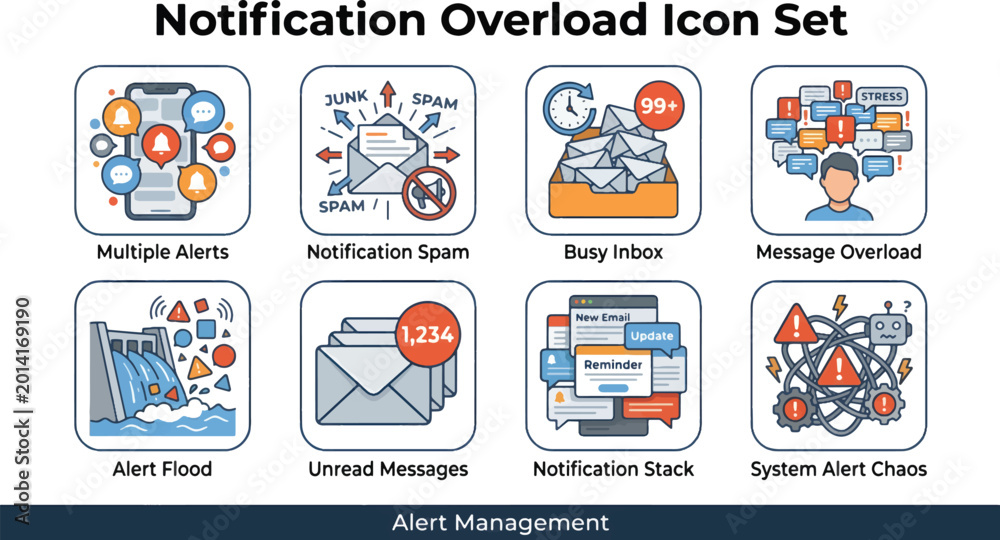 Fototapeta premium Overload Icon Set – Alert Management, Busy Inbox, Message Chaos Vector Collection