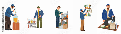 Фотография Set of Artisanal Illustrations Depicting Men Engaged in Traditional Crafting, Di
