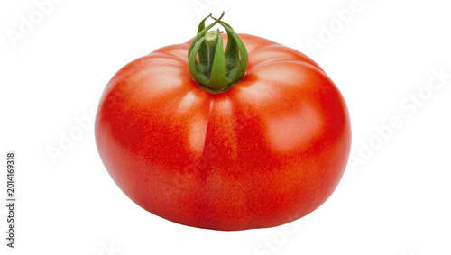 Foto Isolated vibrant red tomato with green stem, fresh organic healthy delicious veg