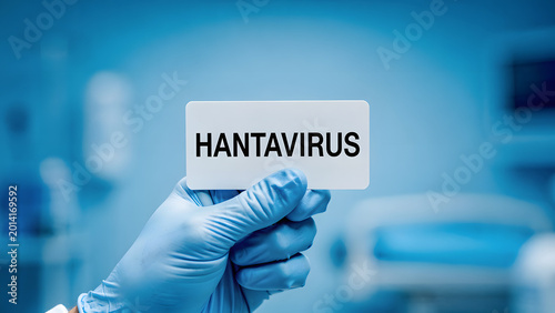 Gloved hand holding hantavirus medical alert card