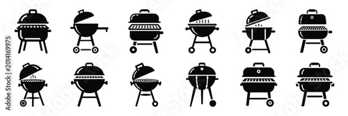 Cuadro en lienzo Summer beach icon set with barbecue grill 12 black silhouette icons