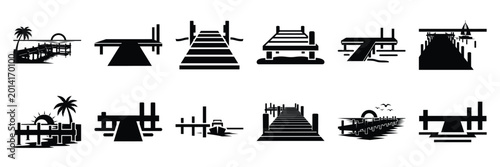 Fotografie Summer beach icon set with beach dock 12 black silhouette icons.