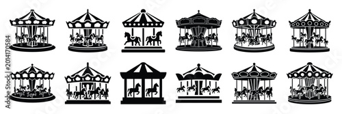 Bild auf Leinwand Summer beach icon set with carousel 12 black silhouette icons.