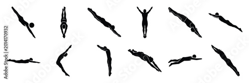 Schilderij op canvas Summer beach icon set with diving person 12 black silhouette icons