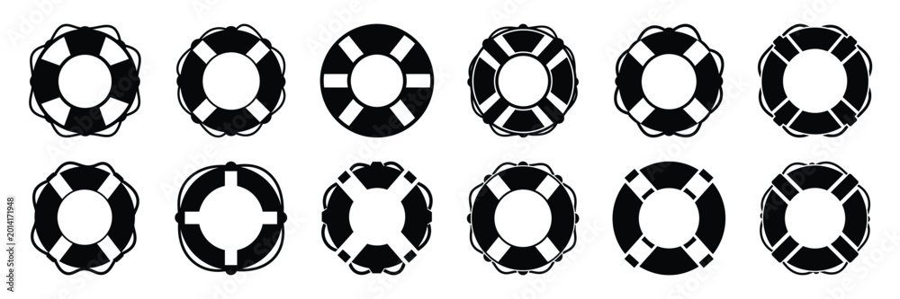 Fototapeta premium Summer beach icon set with lifebuoy 12 black silhouette icons.