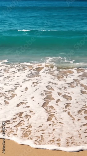 Turquoise ocean wave sandy beach foamy surf shoreline summer seascape coastal water golden sunset sky framed by soft curtains warm light dramatic