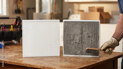 Maintenance worker comparing a clean white HVAC filter with a dirty grey dusty filter