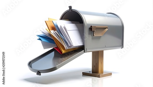 Silver metal mailbox overflowing with colorful letters and documents, standing on a wooden post against a clean white background, symbolizing communication and correspondence.