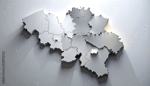 Silver 3D map of Belgium divided into provinces with a metallic sheen and soft shadows, ideal for travel or geopolitical concepts