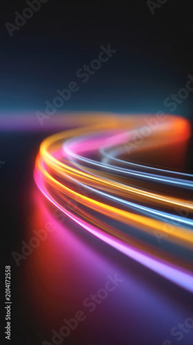 Colorful neon light trails curve dynamically on dark background, creating vibrant, energetic, and futuristic abstract scene