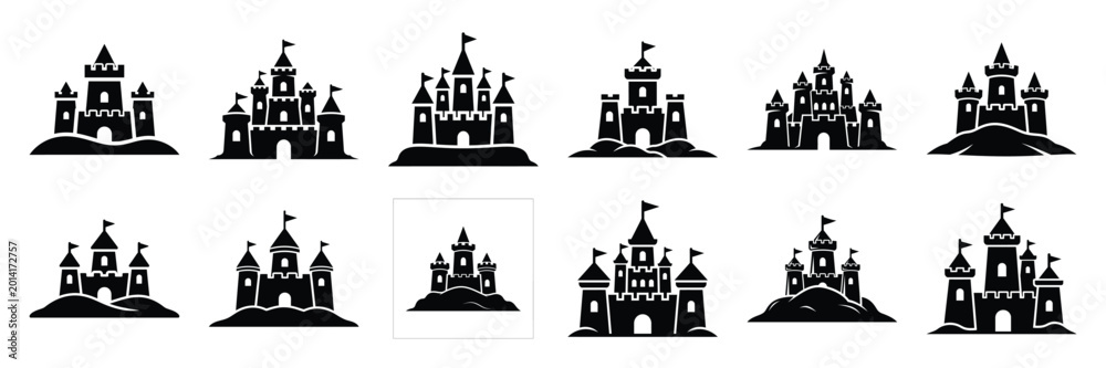 Obraz premium Summer beach icon set with sandcastle 12 black silhouette icons.