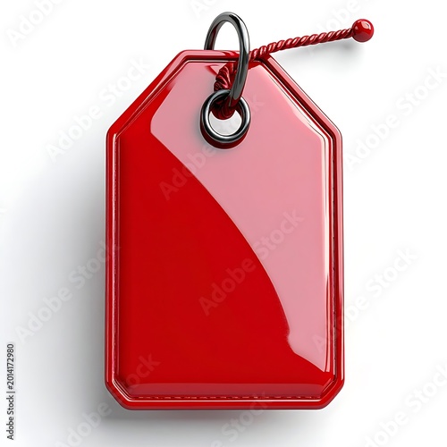 Shiny red blank price tag hanging with metal ring and string, isolated on white, perfect for retail and sale concepts