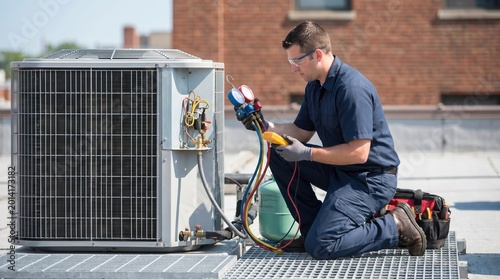 Male HVAC technician kneeling on a rooftop while servicing a large industrial air conditioner