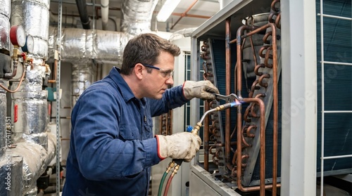 HVAC technician welding copper pipes inside a large industrial refrigeration unit