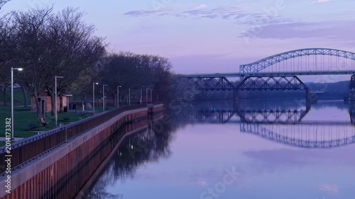 Early morning drone clip of the Main Street Bridge in Middletown To Portland Connecticut in April