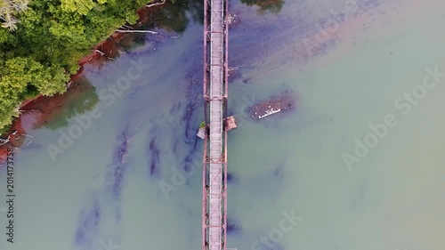 Drone View of Rails to Trails railroad bridge over the Broad River in South Carolina in early morning