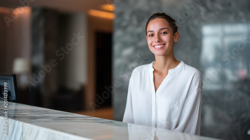 Smiling female receptionist standing behind modern hotel reception desk, professional hospitality service and customer welcome concept female receptionist, hotel receptionist, fron