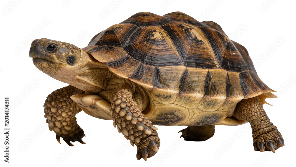 Obraz premium Isolated standing terrestrial tortoise with distinctive brown and black patterned shell in profile.