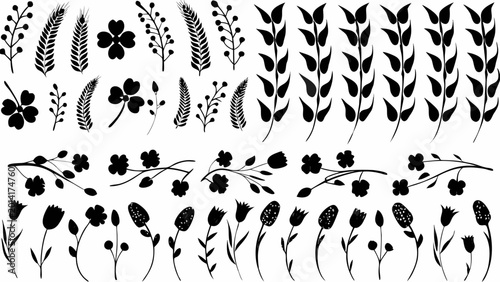 Canvastavla collection of black plant silhouettes depicting various leaves stems and floral