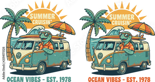 Bold cartoon sea turtle driving a retro van with surfboard, palm trees, and ocean waves, celebrating summer cruising, ideal for World Turtle Day.