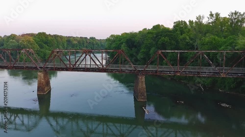 Drone View of Rails to Trails railroad bridge over the Broad River in South Carolina in early morning