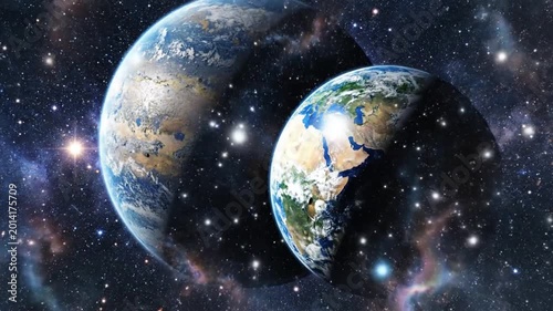 Earth twin planets  and nebula cosmic  planet pair floating space with stars, nebula clouds and ser, mysterious galaxy wonder