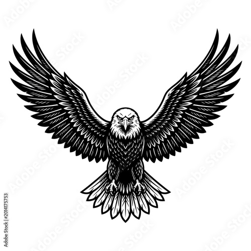 A majestic eagle spreads its wings in flight over a serene landscape.