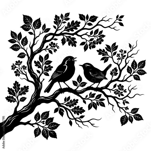 Two birds sitting on a tree branch with leaves and flowers