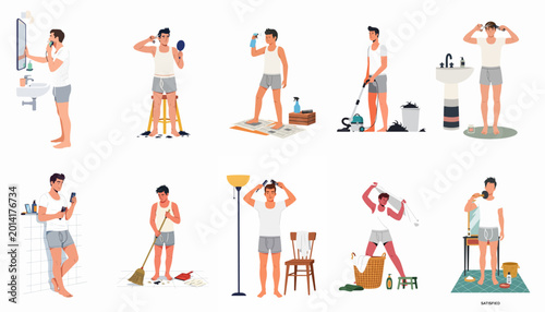 Quadro su tela Set of illustrations depicting a man's step-by-step DIY haircut and grooming routine at home, from cutting to cleaning up