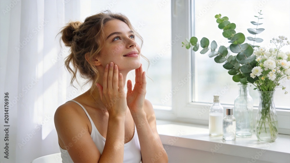 Naklejka premium Young woman applying moisturizer on face near window with natural light skincare routine beauty self care morning ritual healthy skin fresh look wellness relaxation home spa