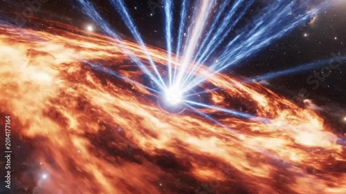 Bright quasar with glowing orange accretion disk and blue relativistic jet streaming from  black galaxy core amid dramatic cosmic rgy