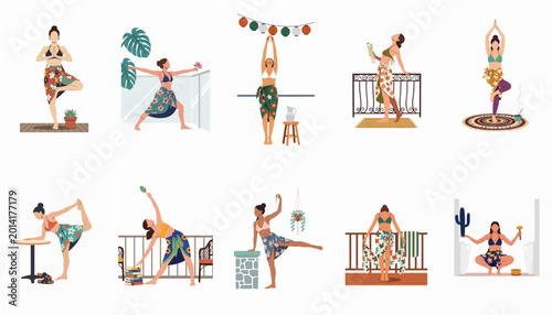 Tableau sur toile Collection of flat illustrations featuring women in swimwear and floral sarongs practicing yoga and mindfulness in various serene outdoor and home settings