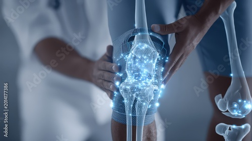 Medical professional examines a digital visualization of a human knee joint.