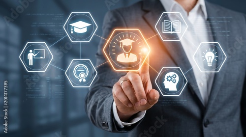 Businessman selecting educational pathways on hexagonal network concept of lifelong learning career development personal growth human resources