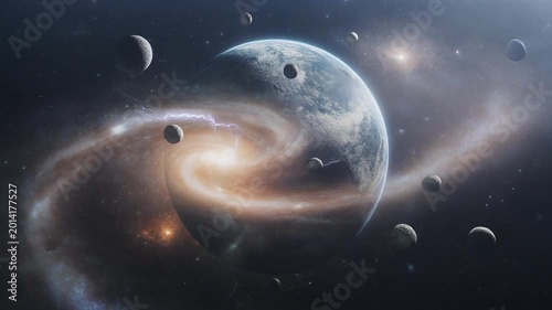 Swirling planetary galaxy blue planet with orbiting moons, glowing ring of cosmic dust and electric nebula lighting in space orbiting spiral