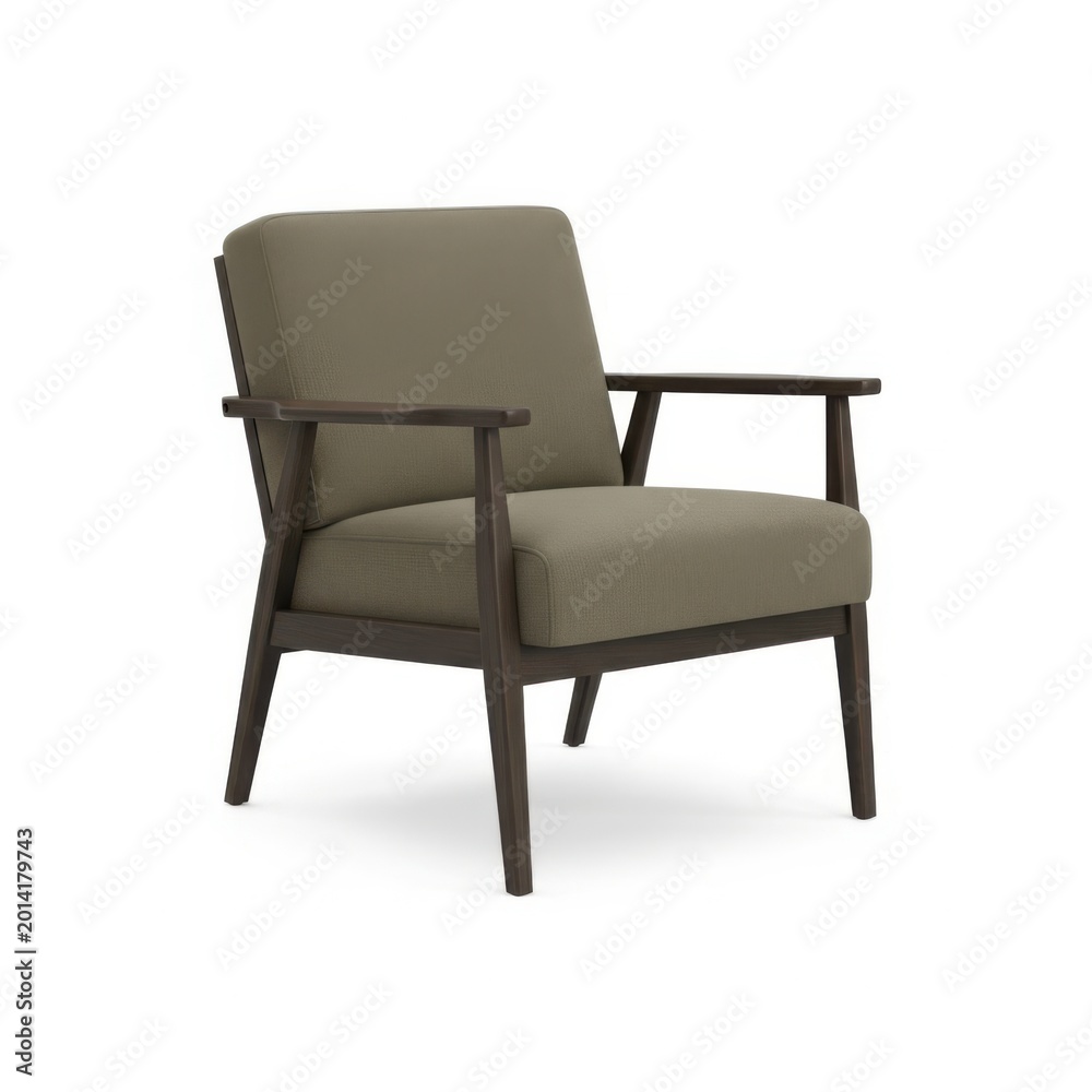 Fototapeta premium Modern single armchair with dark wooden frame and neutral fabric upholstery