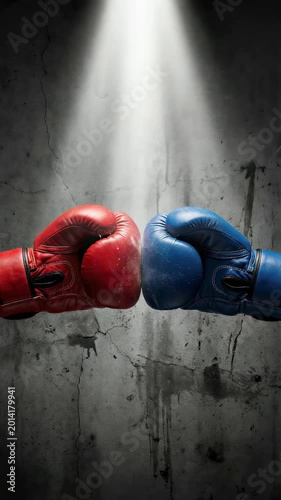 Red and blue boxing glove meeting in center. Martial arts challenge concept. Sports competition duel preparation. Aggressive fight impact between two opponents. Vertical video