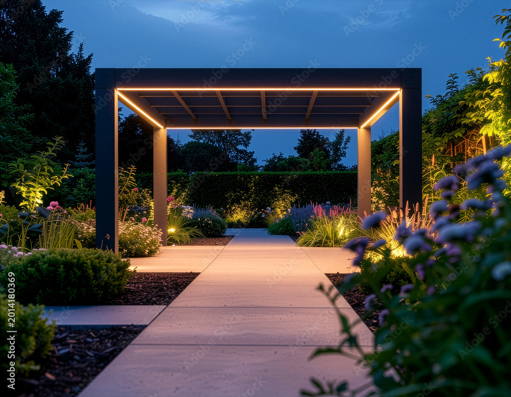 Fototapeta premium Nowoczesna pergola ogrodowa z oświetleniem nocą