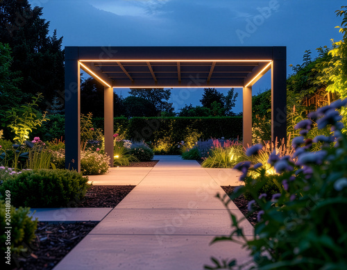 Nowoczesna pergola ogrodowa z oświetleniem nocą